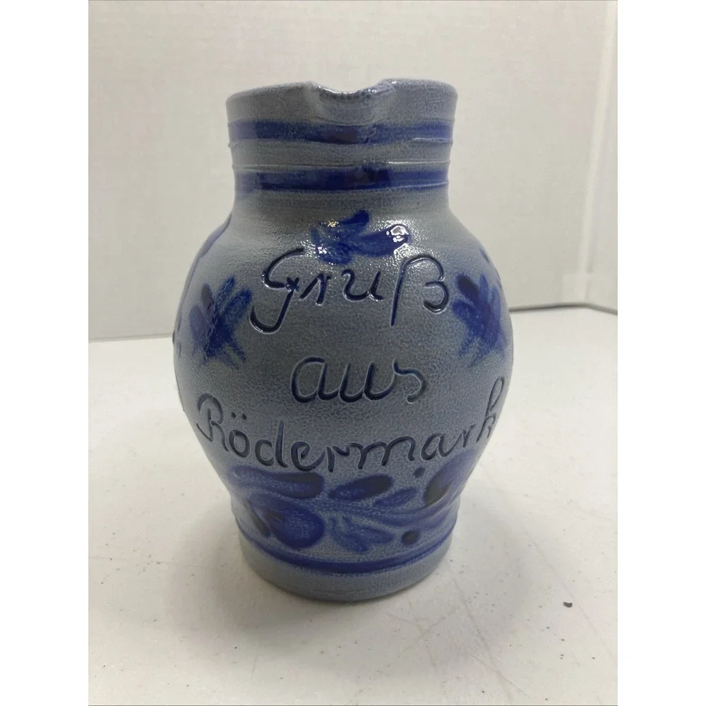 Vintage German Salt‎ Glaze Pitcher Handle Blue Stripe 1/2 L  5.75